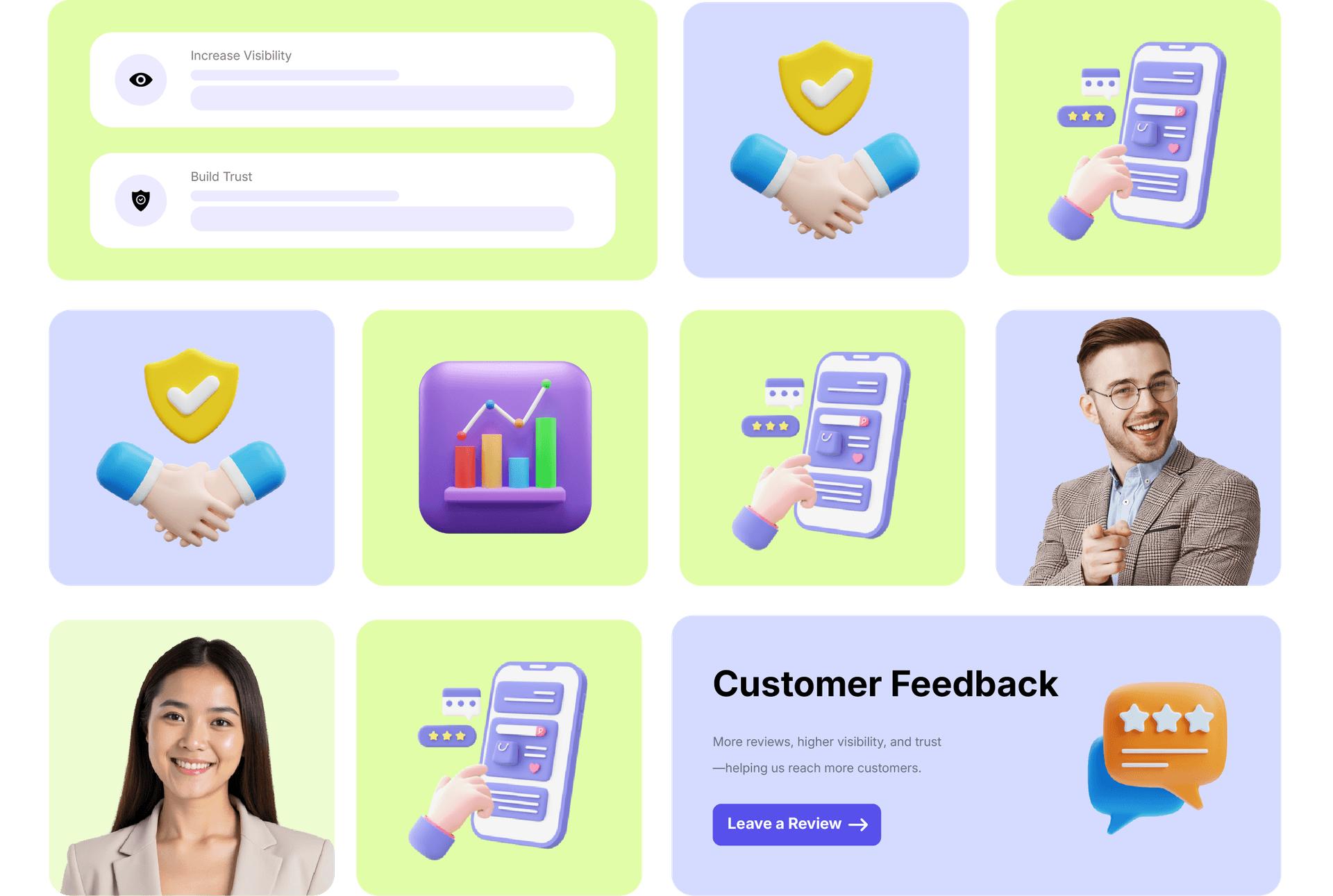 Illustrated cards and icons highlighting how reviews boost visibility, trust, and digital presence.