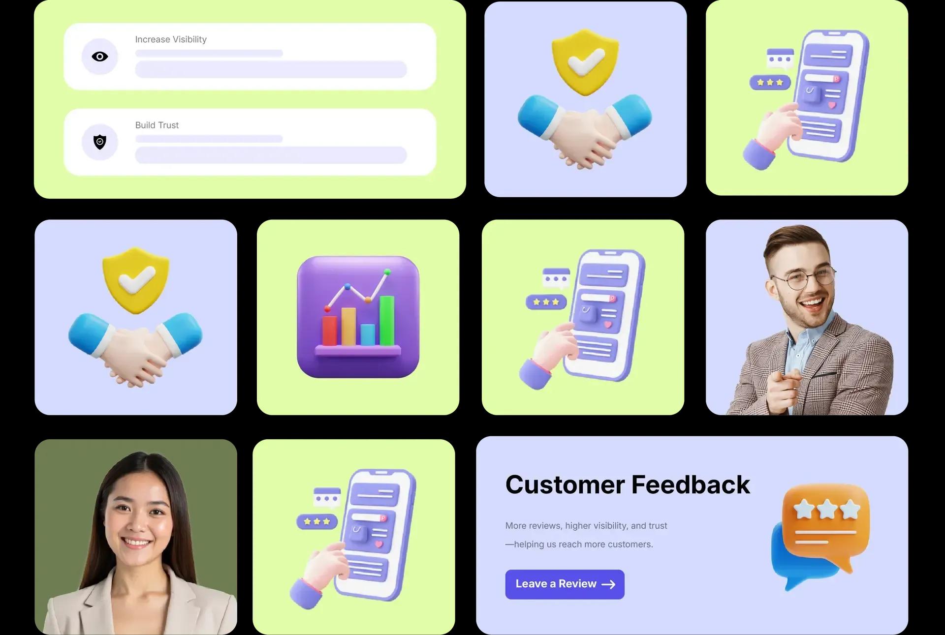 Illustrated cards and icons highlighting how reviews boost visibility, trust, and digital presence.