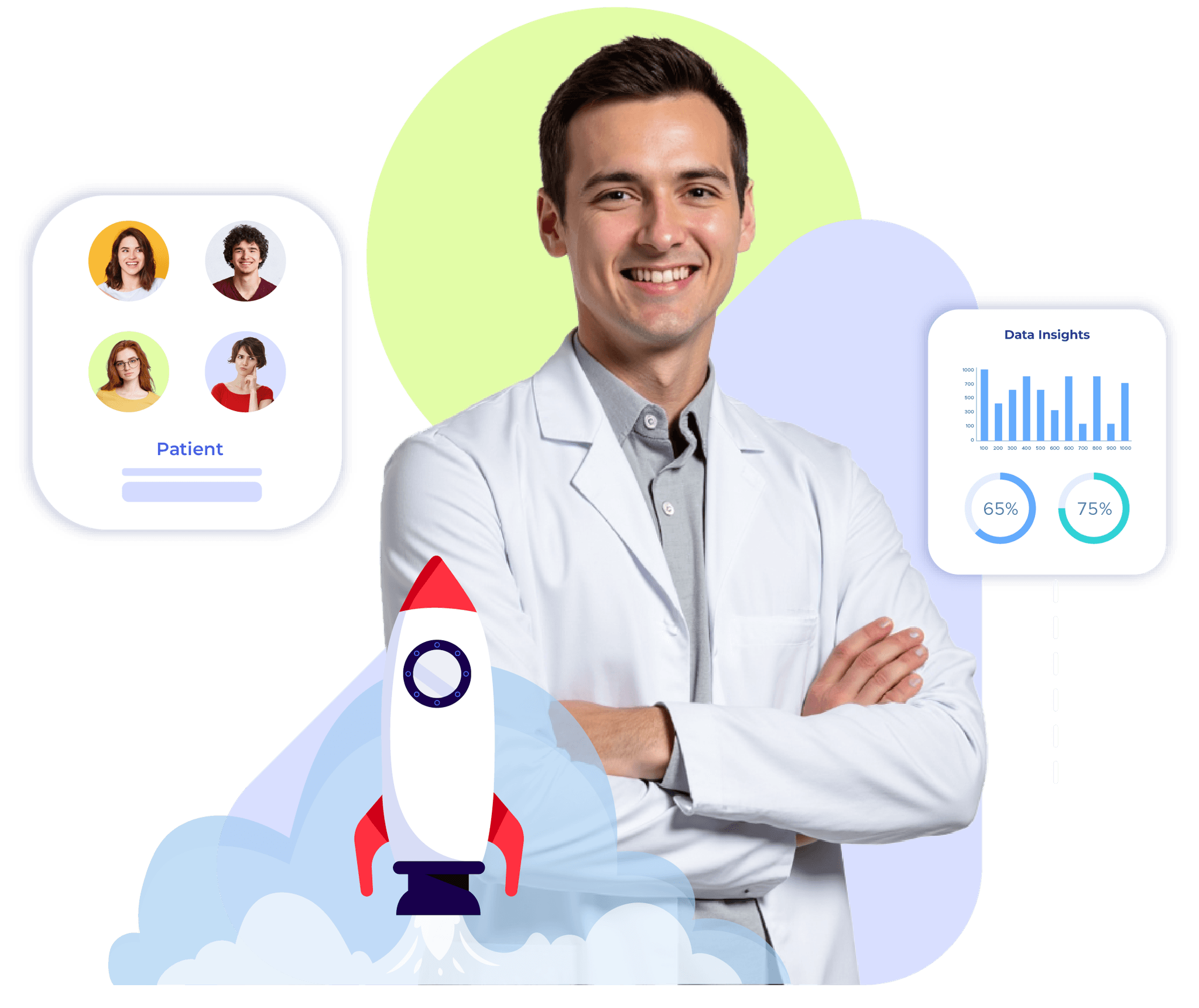 Smiling dentist with patient icons and insights showing how Krofile builds trust with real reviews.