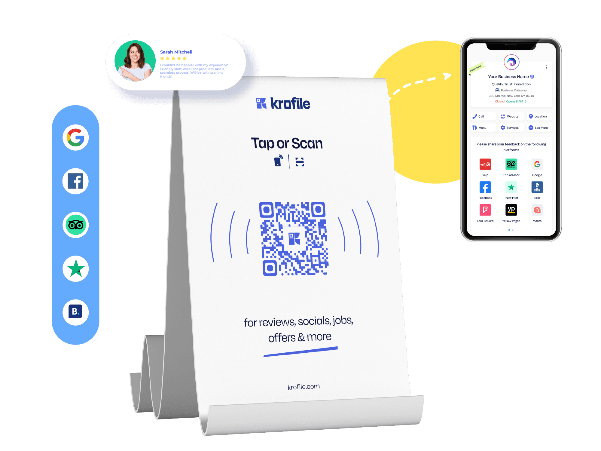 Krofile QR and NFC standee mockup paired with a mobile profile, enabling fast contactless review collection.