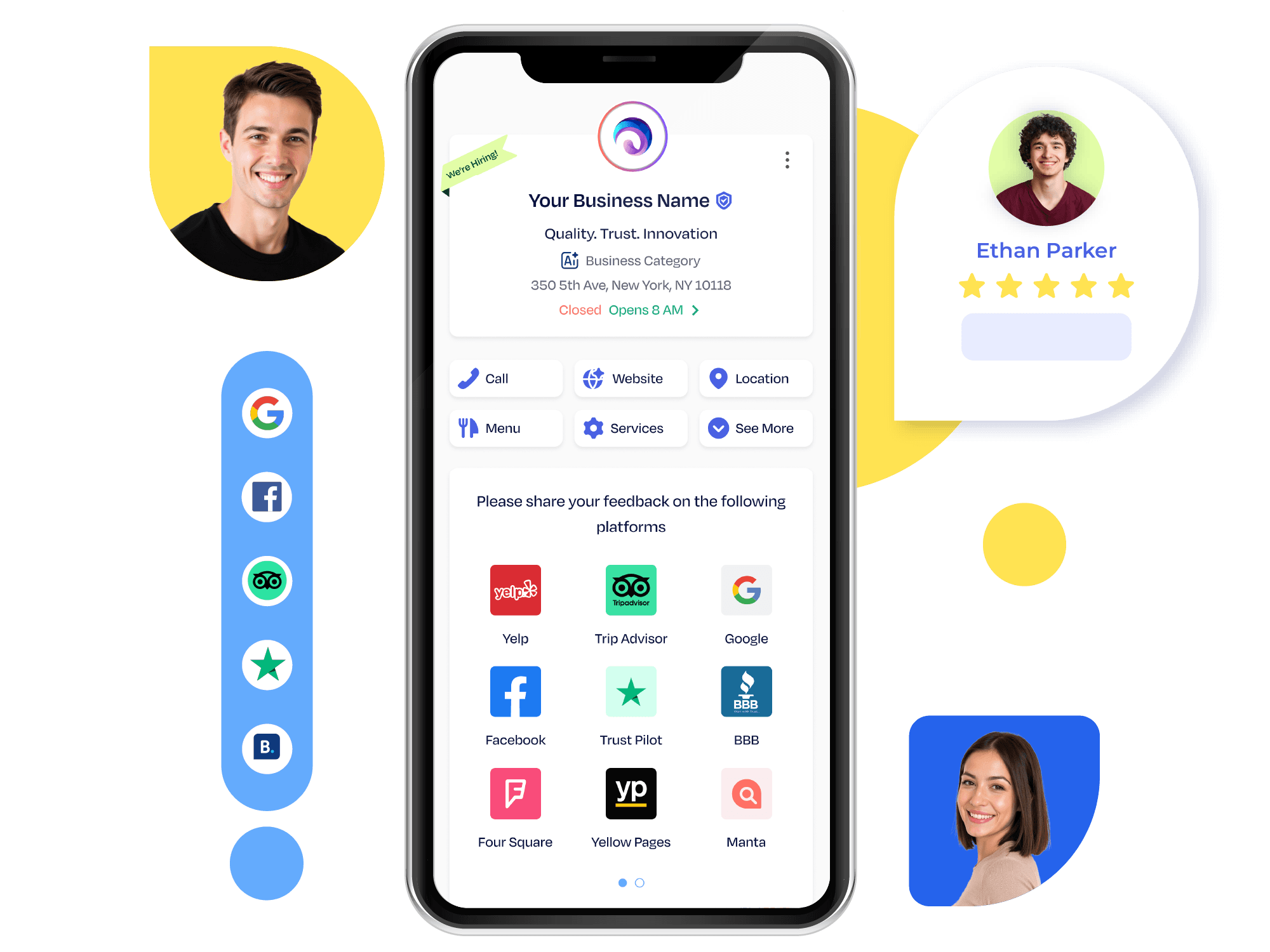 Smartphone mockup of a digital business profile with review platforms and customer feedback display.