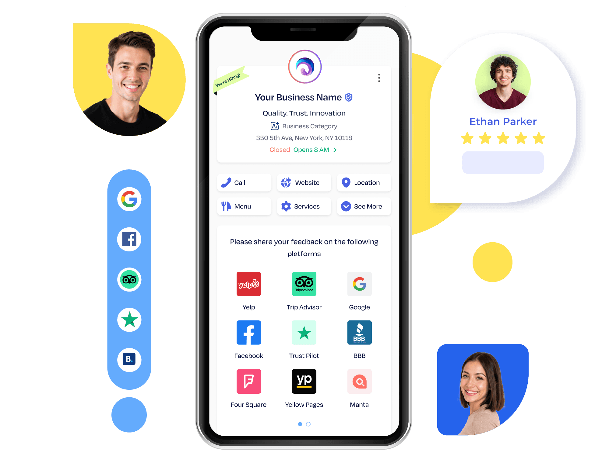 Krofile mockup displaying review links for platforms like Google, Yelp, and Facebook on a branded digital profile.