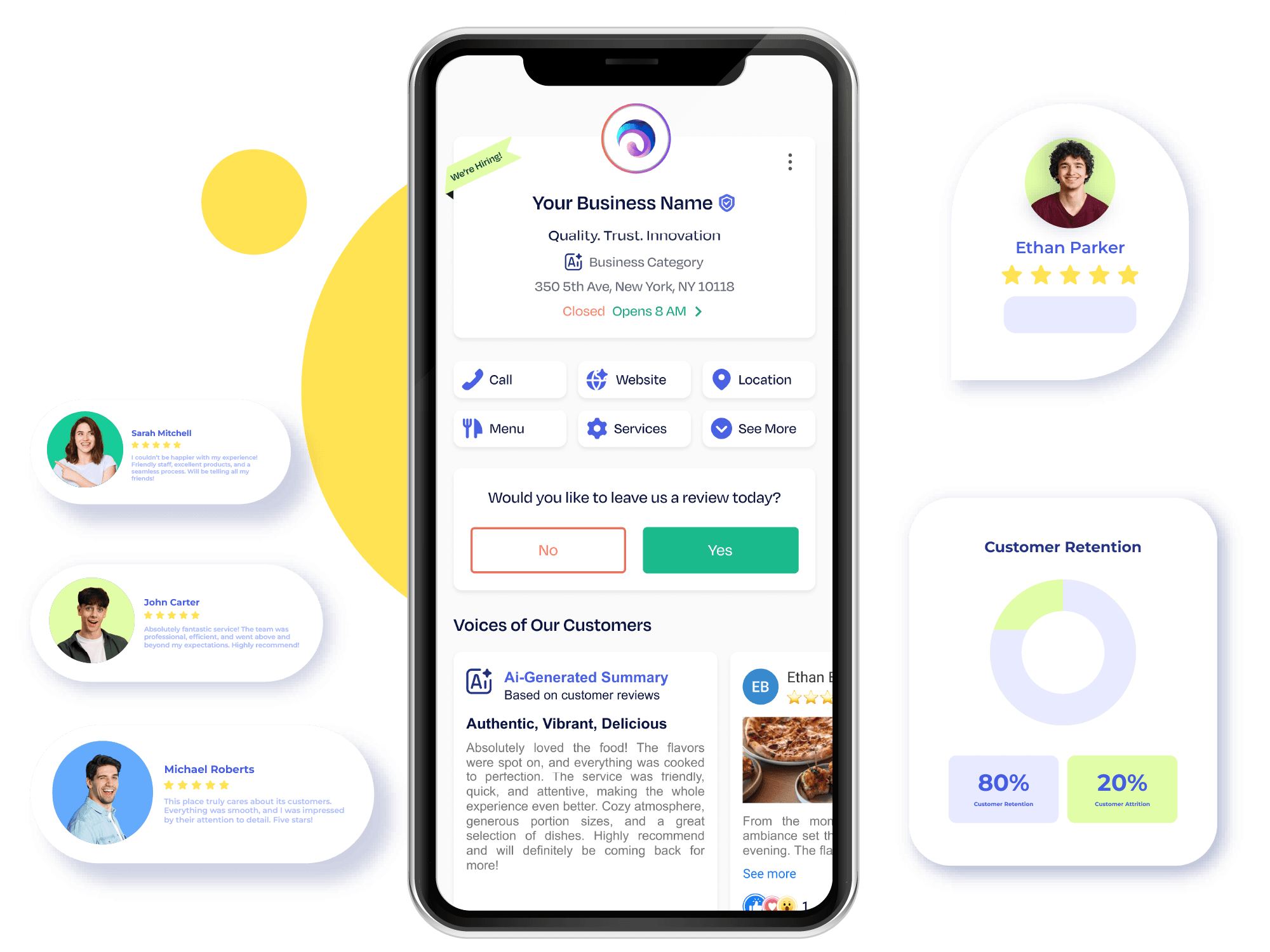Smartphone mockup showing Krofile profile collecting reviews from Google, Facebook, and Yelp etc.