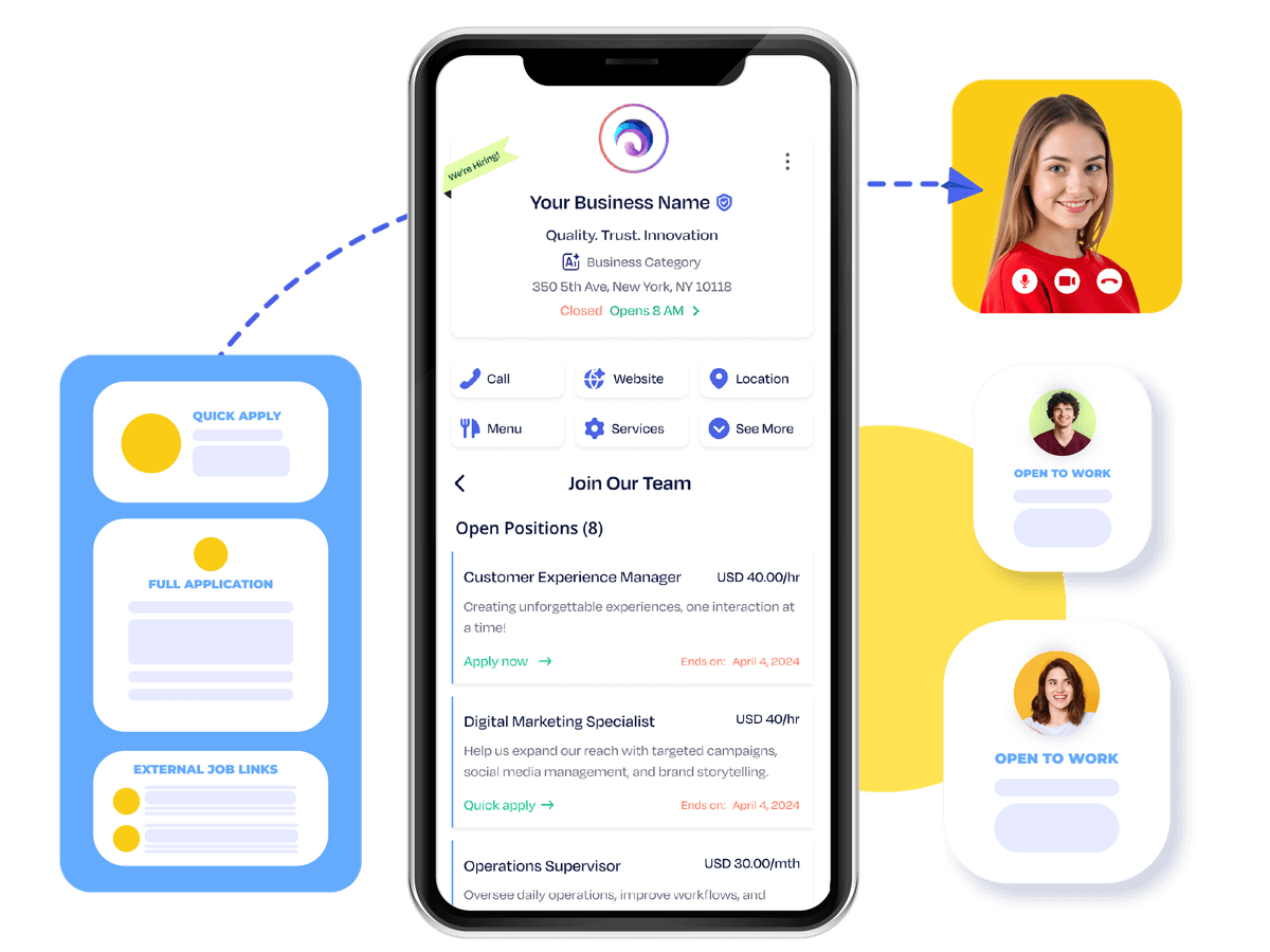 Krofile interface showcasing an applicant's profile, job listing, and onboarding progress flow.