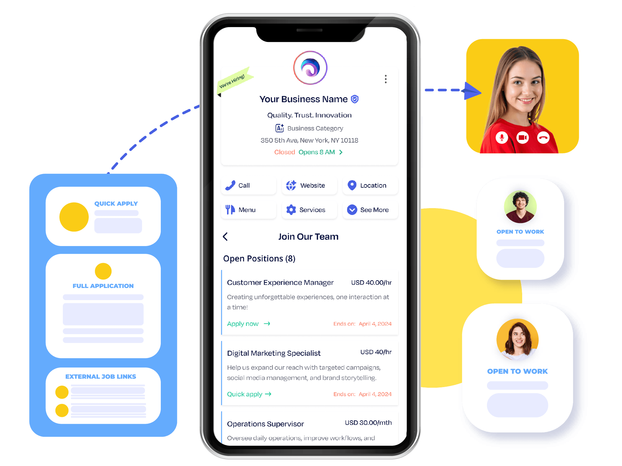 Krofile interface showcasing an applicant's profile, job listing, and onboarding progress flow.