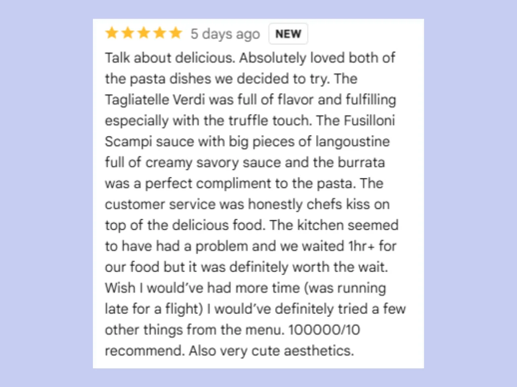 Detailed Restaurant Complimenting Review example