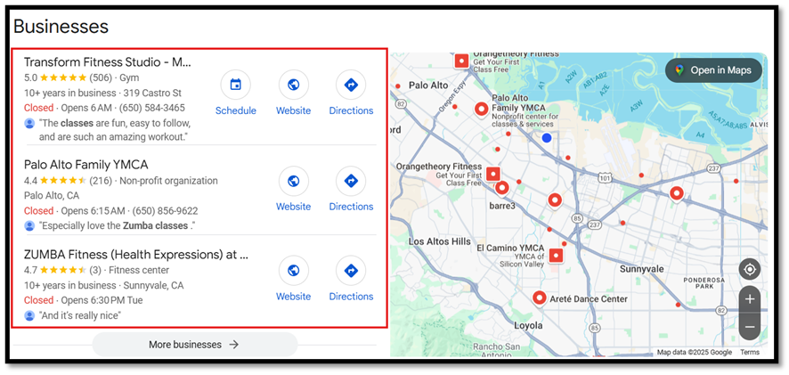 Google Maps local pack showing top 3 business listings, emphasizing visibility in local SEO rankings.