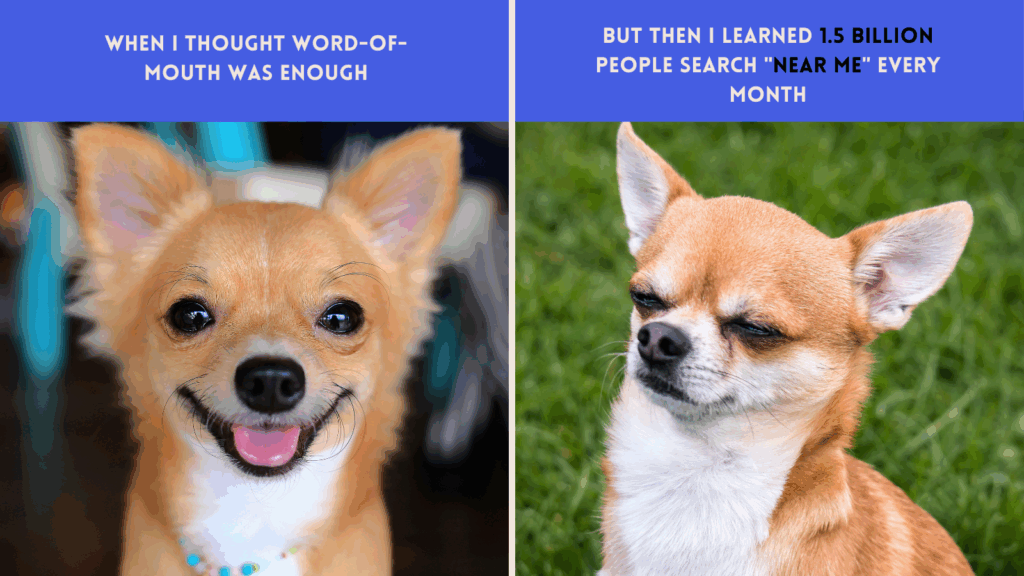 Happy dog contrasted with skeptical dog showing surprise at high local SEO search volume.