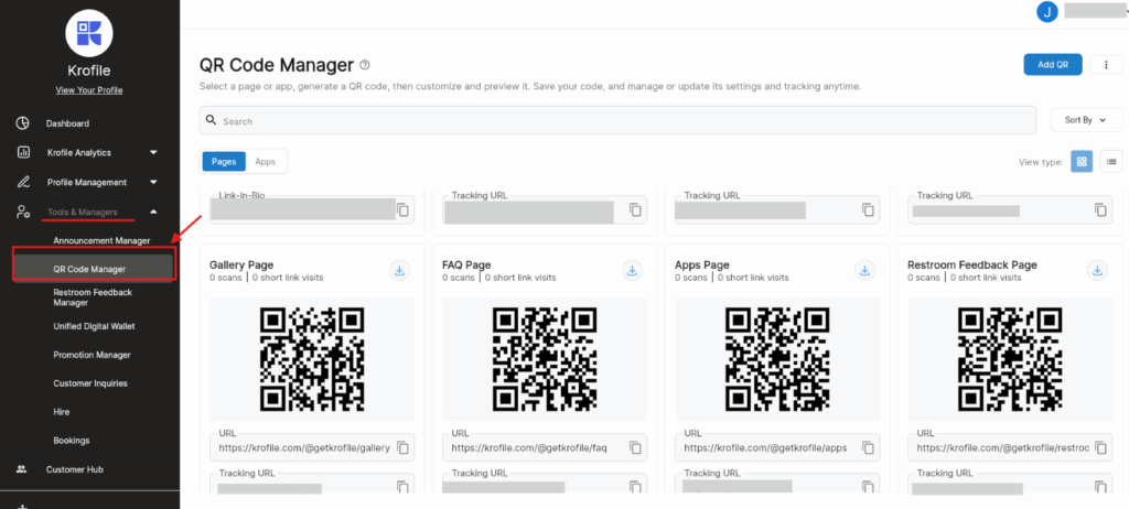 Krofile's Dashboard showcasing qr code generation and management 
