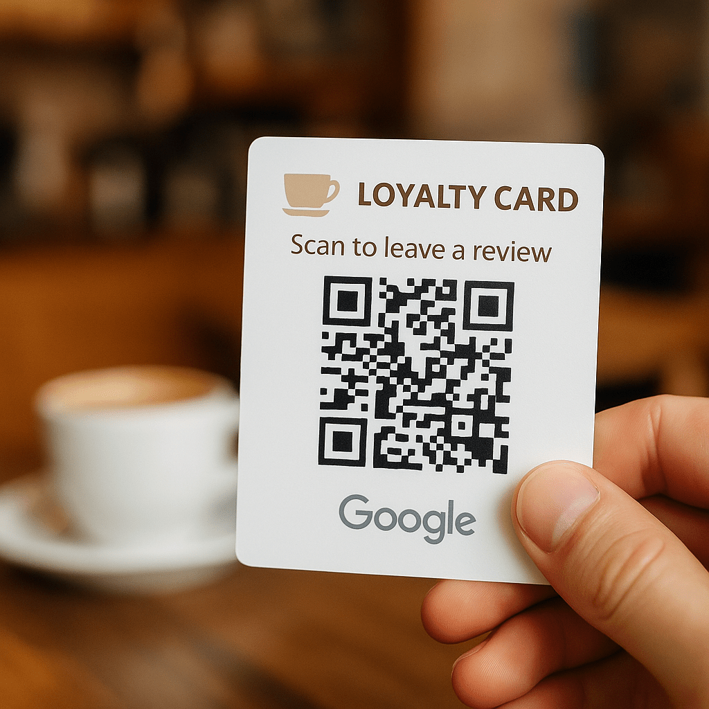 a hand holding a google review card