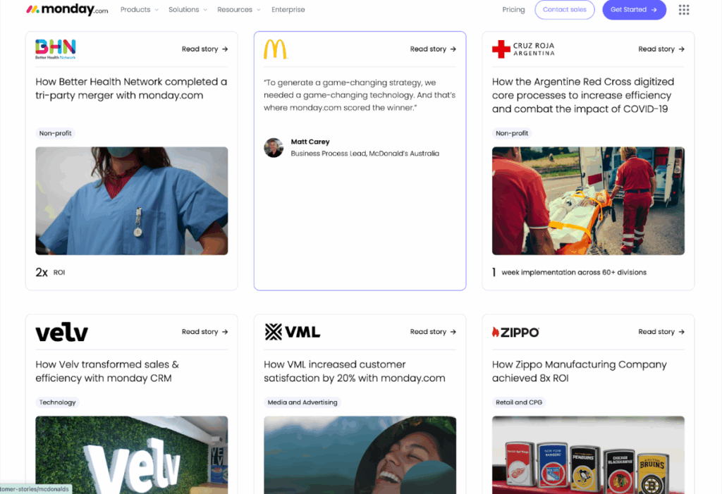 a screenshot of monday.com showcasing a series of customer testimonial posts.