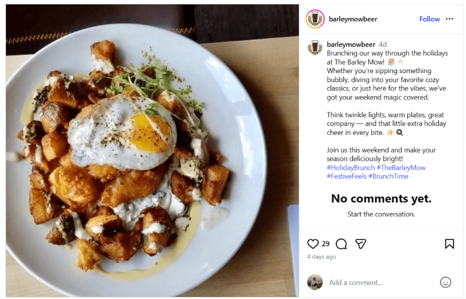 Instagram post of The Barley Mow promoting a “December Holiday Brunch” with Christmas cocktails and a custom hot cocoa bar
